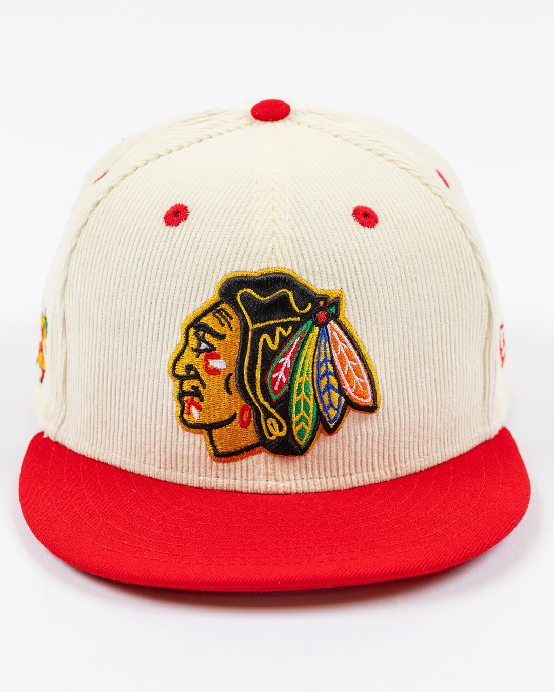 cream corduroy and red brim New Era snapback cap with Chicago Blackhawks primary logo embroidered on front and secondary logo embroidered on rights ide - front lay flat