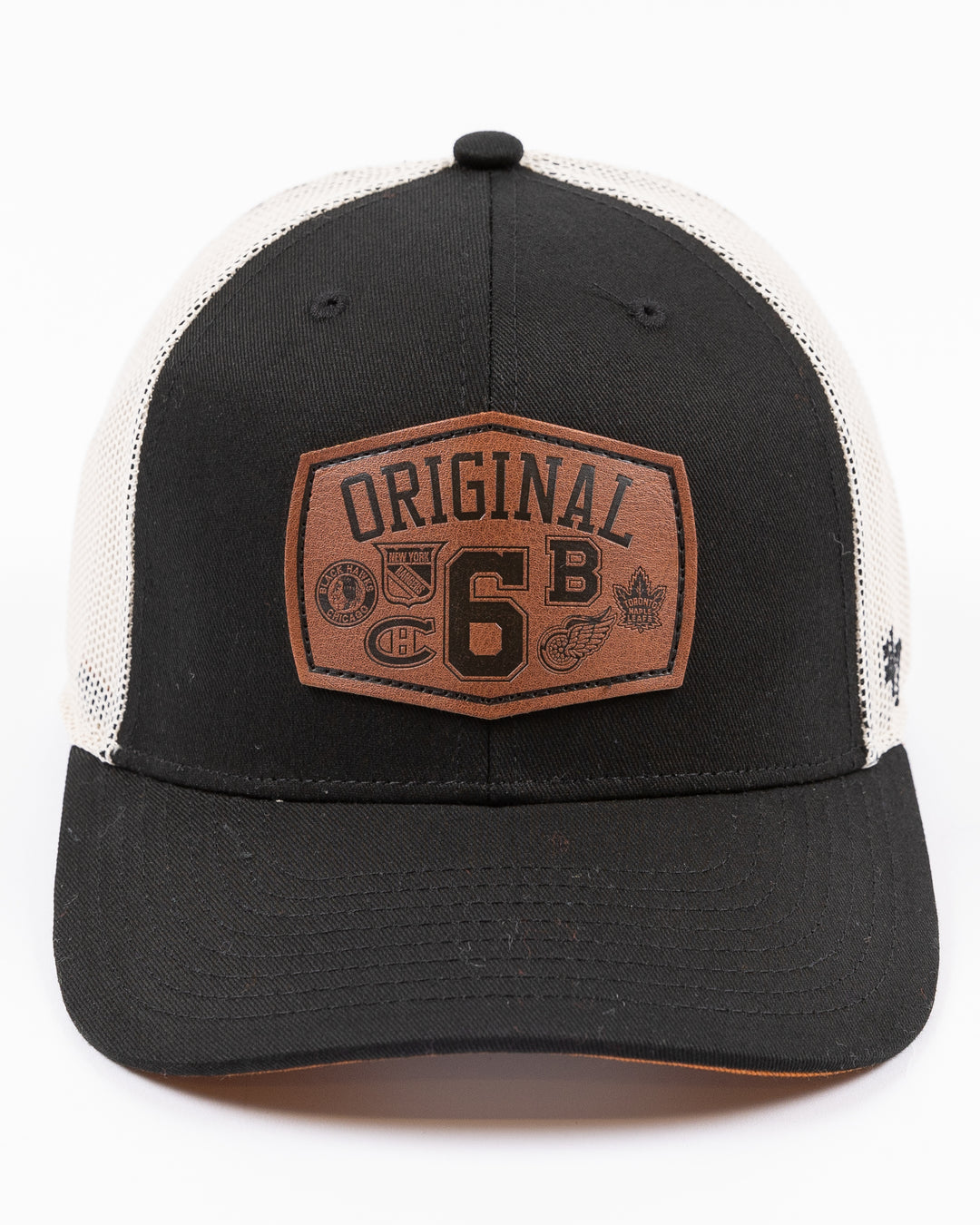 black and white Chicago Blackhawks '47 brand trucker with brown leather Original 6 patch embroidered on front - front lay flat