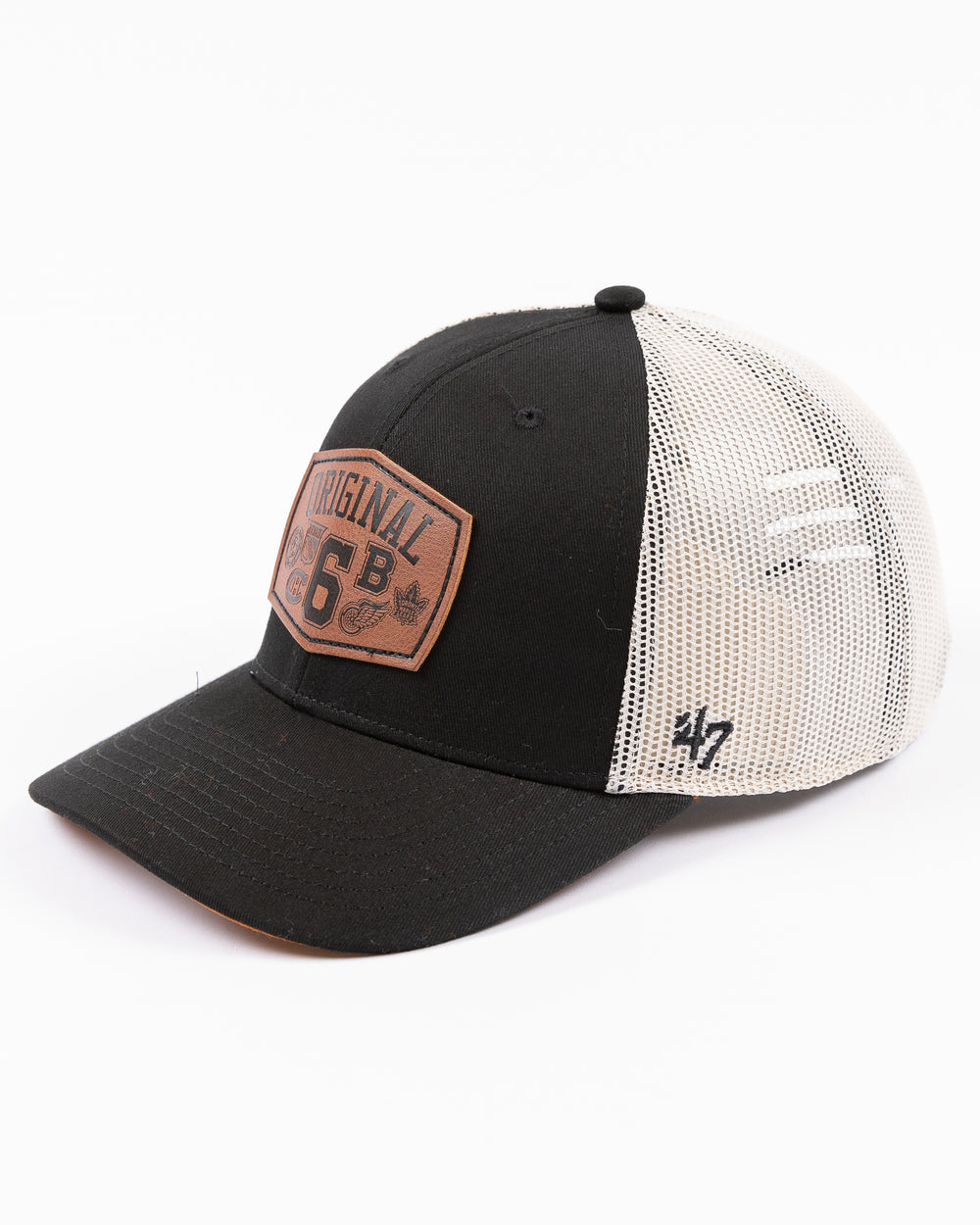 black and white Chicago Blackhawks '47 brand trucker with brown leather Original 6 patch embroidered on front - left angle lay flat