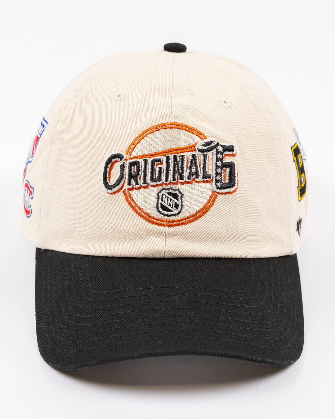 '47 brand two tone cream and black adjustable Chicago Blackhawks hat with Original 6 design embroidered on front and sides - front lay flat