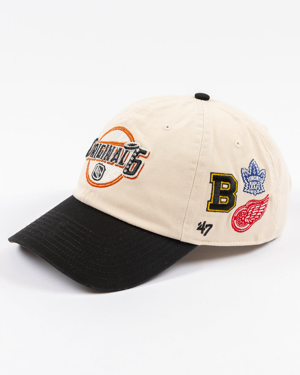 '47 brand two tone cream and black adjustable Chicago Blackhawks hat with Original 6 design embroidered on front and sides - left angle lay flat