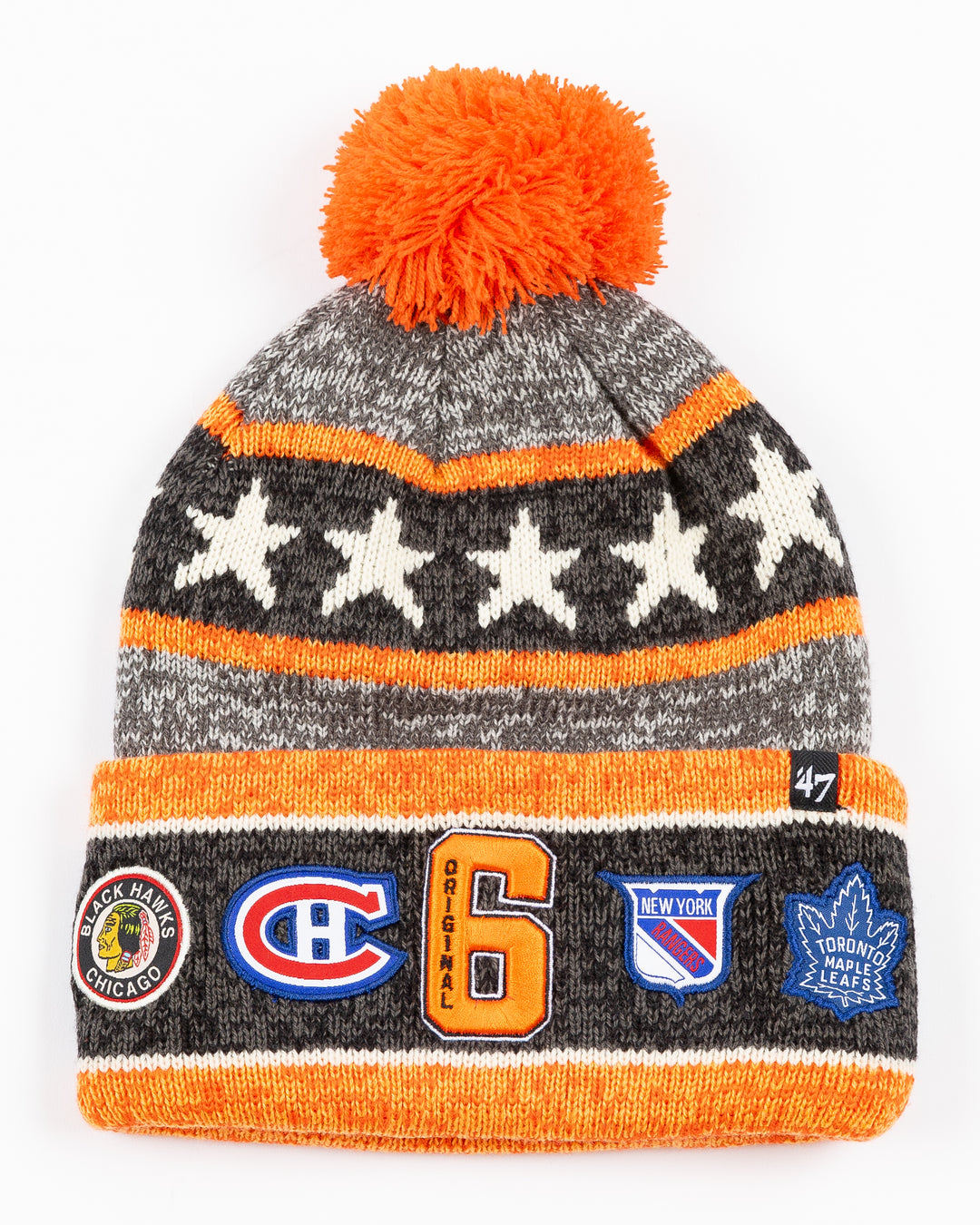 grey and orange '47 brand Chicago Blackhawks knit beanie with Original 6 graphic and team logos embroidered on cuff - front lay flat