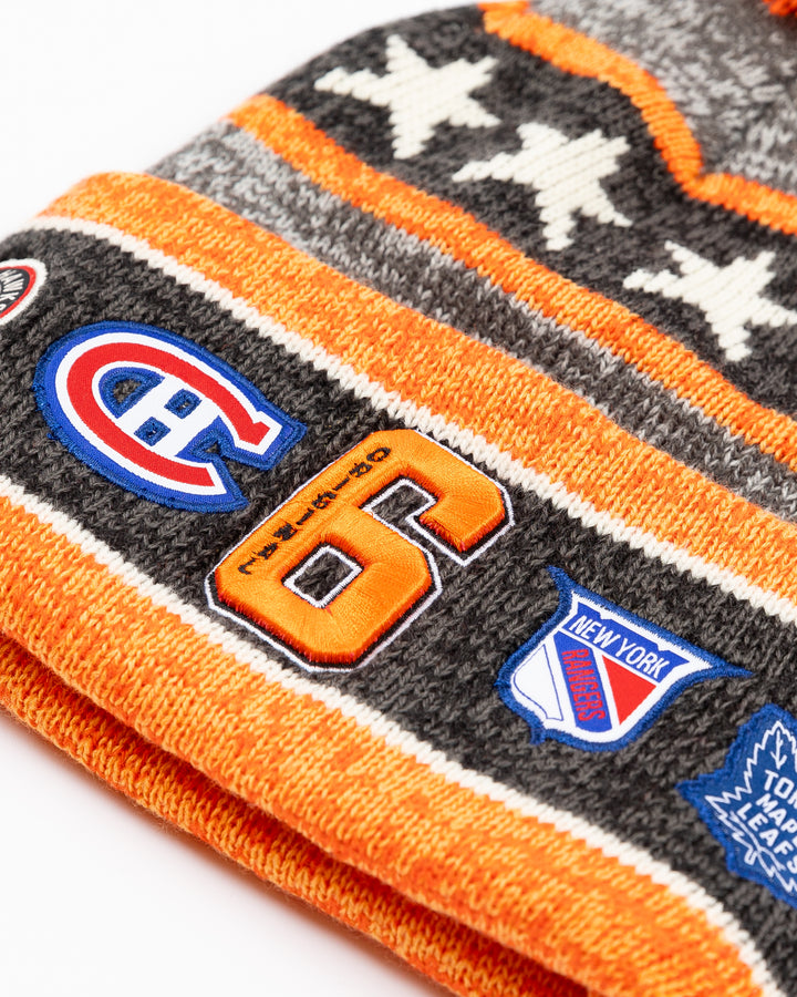 grey and orange '47 brand Chicago Blackhawks knit beanie with Original 6 graphic and team logos embroidered on cuff - front detail lay flat