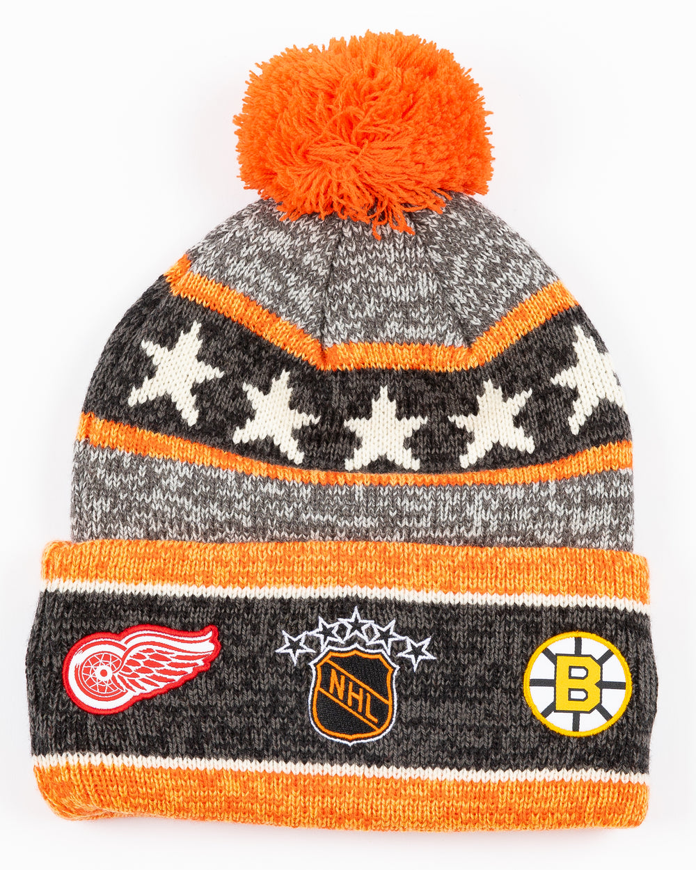 grey and orange '47 brand Chicago Blackhawks knit beanie with Original 6 graphic and team logos embroidered on cuff - back lay flat