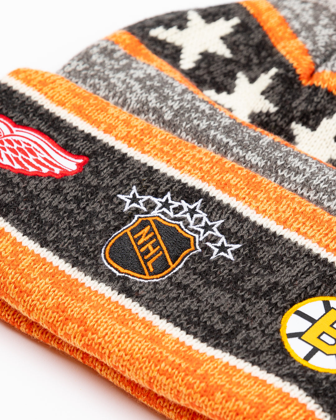 grey and orange '47 brand Chicago Blackhawks knit beanie with Original 6 graphic and team logos embroidered on cuff - back detail lay flat