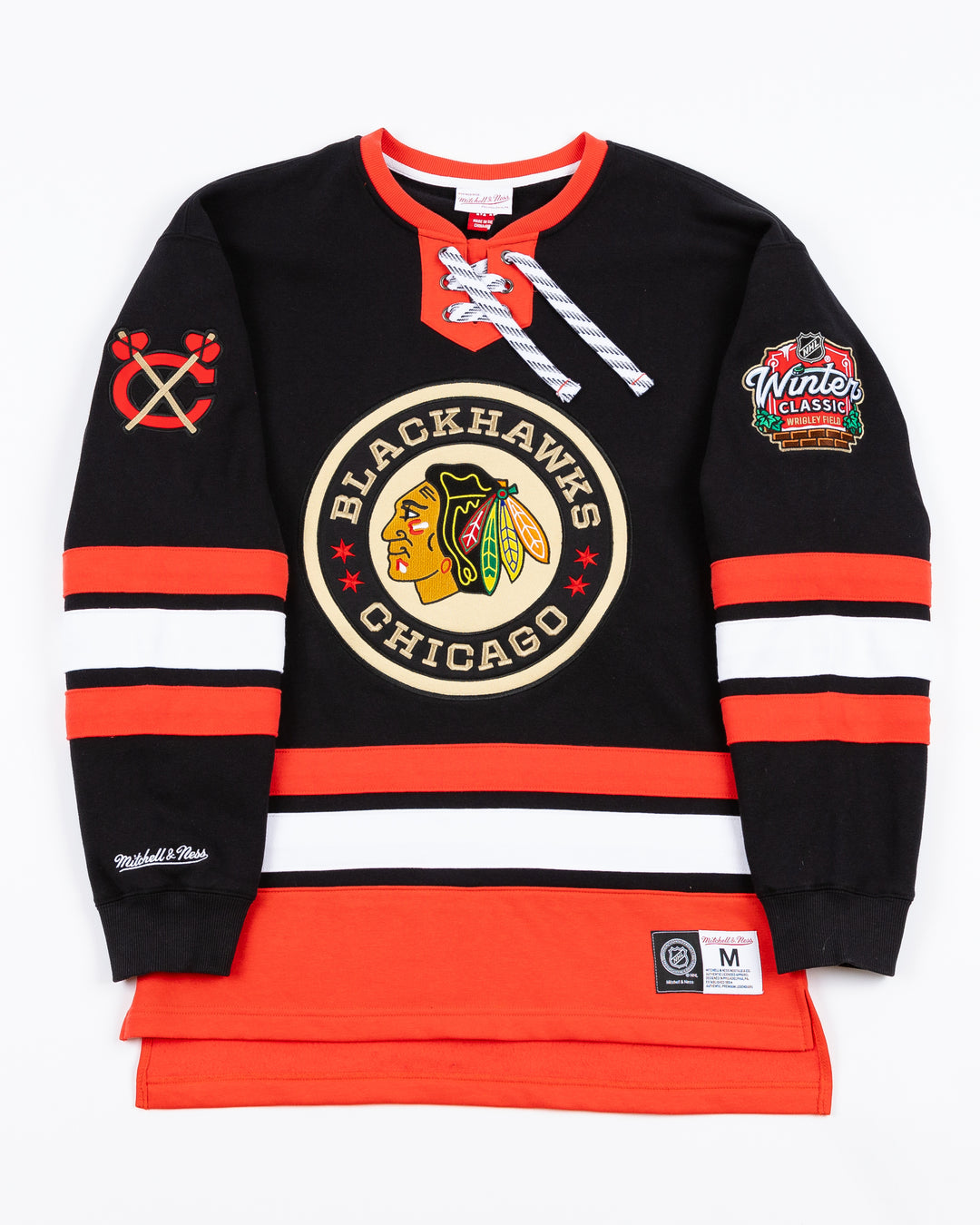 black Mitchell & Ness lace up crewneck with Chicago Blackhawks Winter Classic embroidered patches on front and shoulders - front lay flat