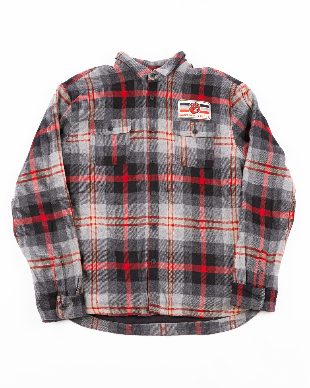 gray, black and red flannel button down plaid shirt with Rockford IceHogs patch on left chest - front lay flat