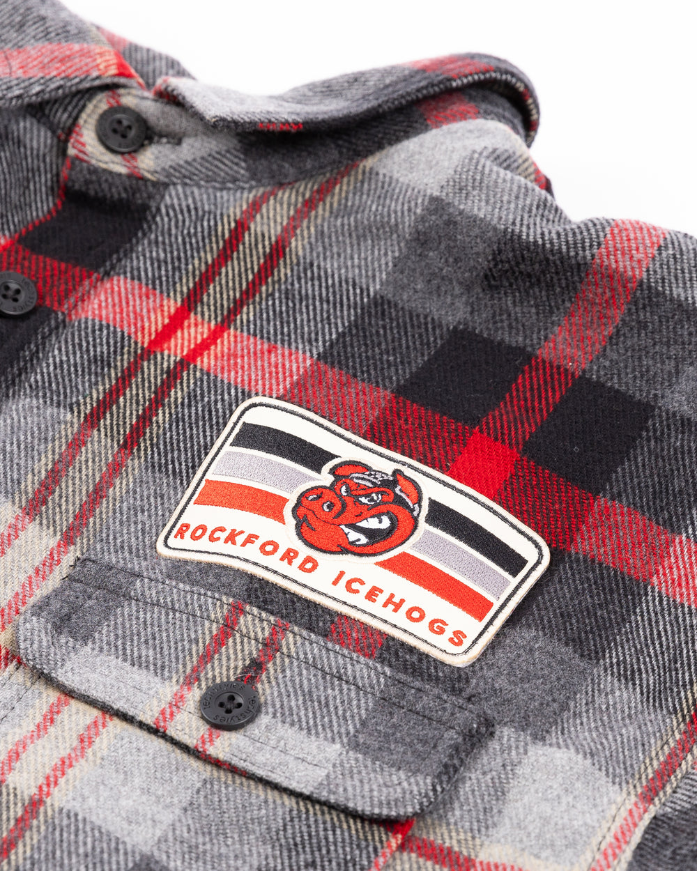 gray, black and red flannel button down plaid shirt with Rockford IceHogs patch on left chest - front detail lay flat