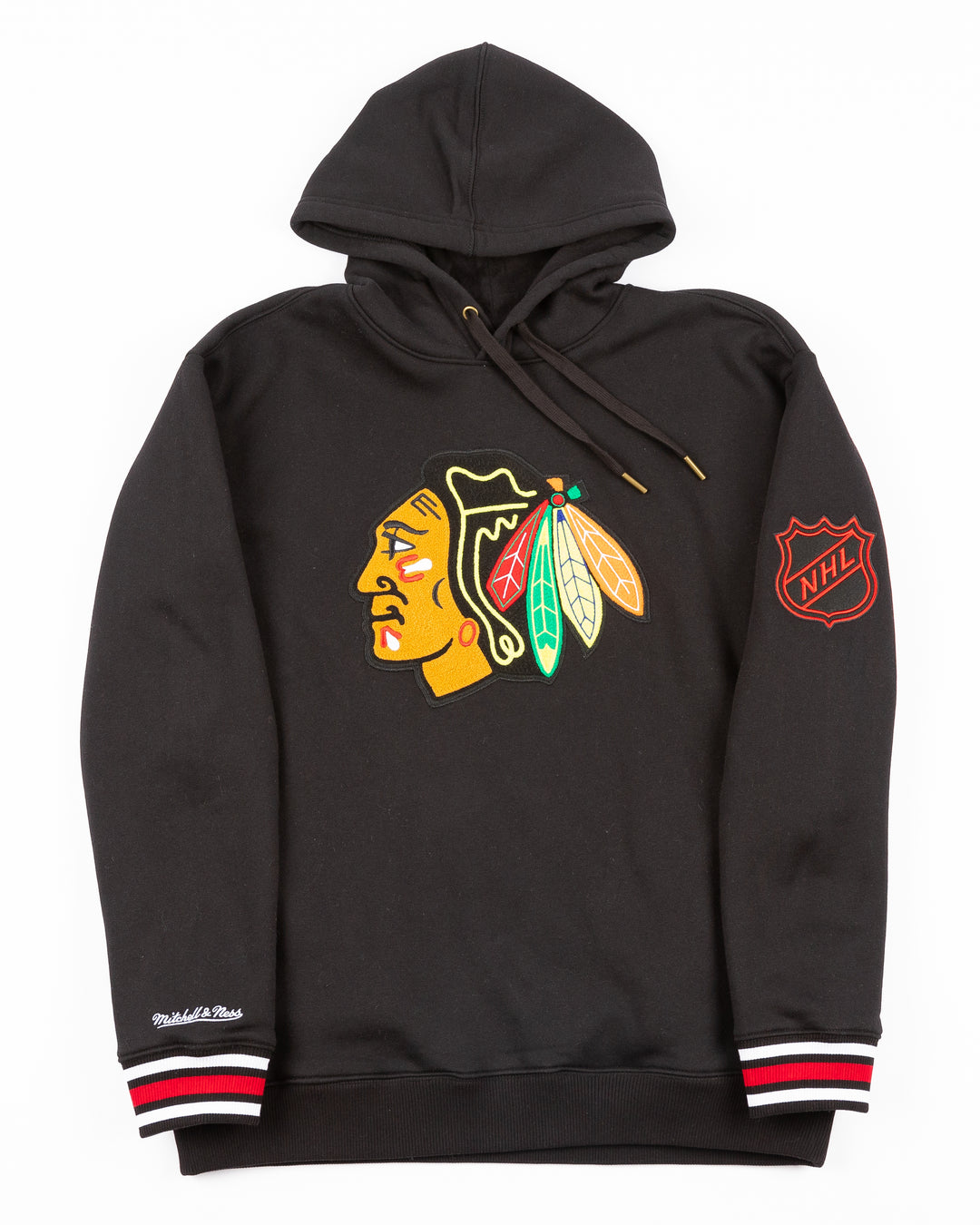 black Mitchell & Ness hoodie with chainstitch Chicago Blackhawks primary logo on front and ribbed cuffs - front lay flat