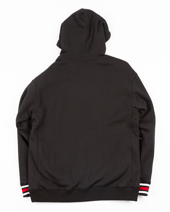 black Mitchell & Ness hoodie with chainstitch Chicago Blackhawks primary logo on front and ribbed cuffs - back lay flat