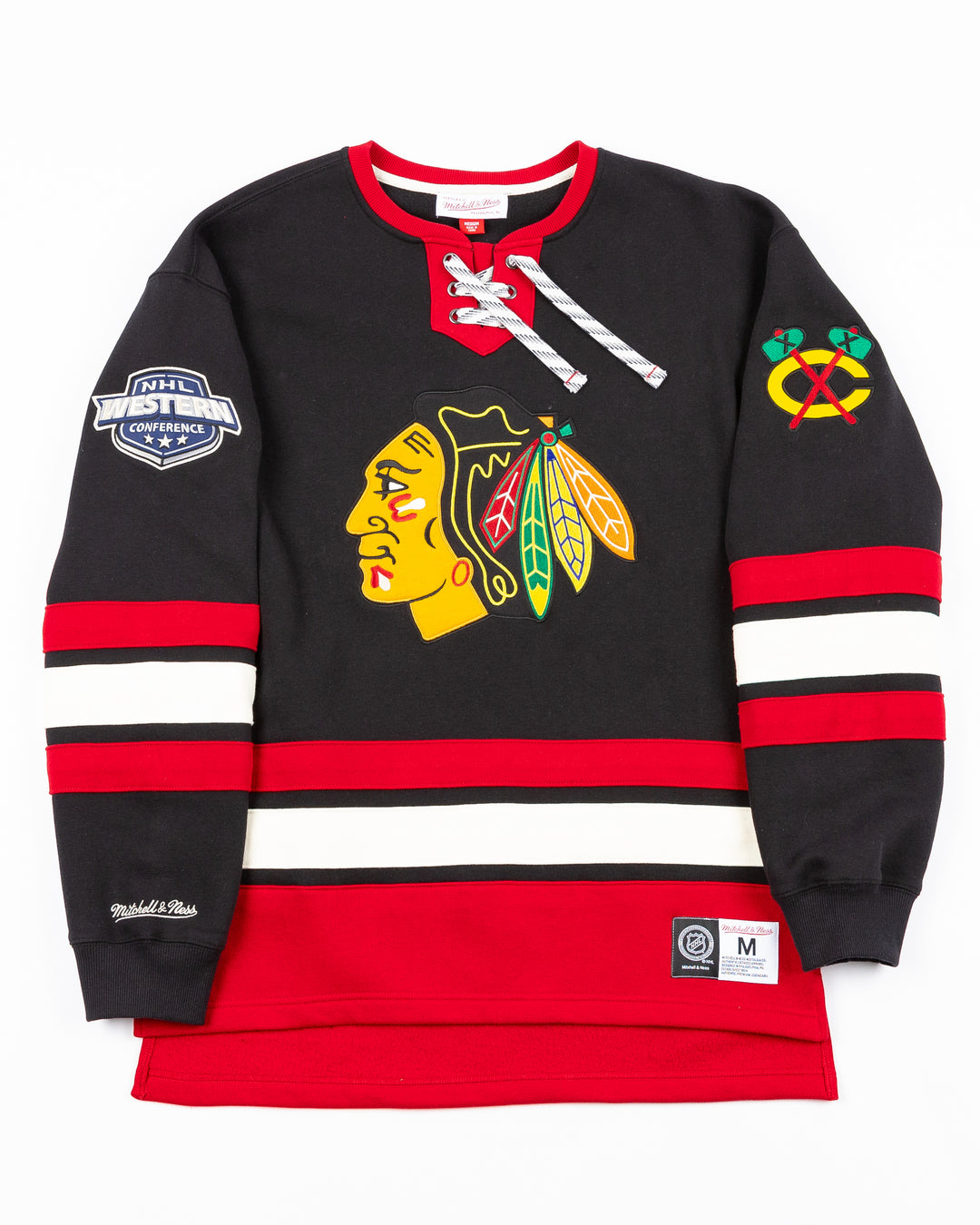 black red and white Mitchell & Ness hockey jersey inspired crewneck with lace detail and Chicago Blackhawks primary logo on front, NHL Western Conference on right shoulder and secondary logo on left shoulder - front lay flat