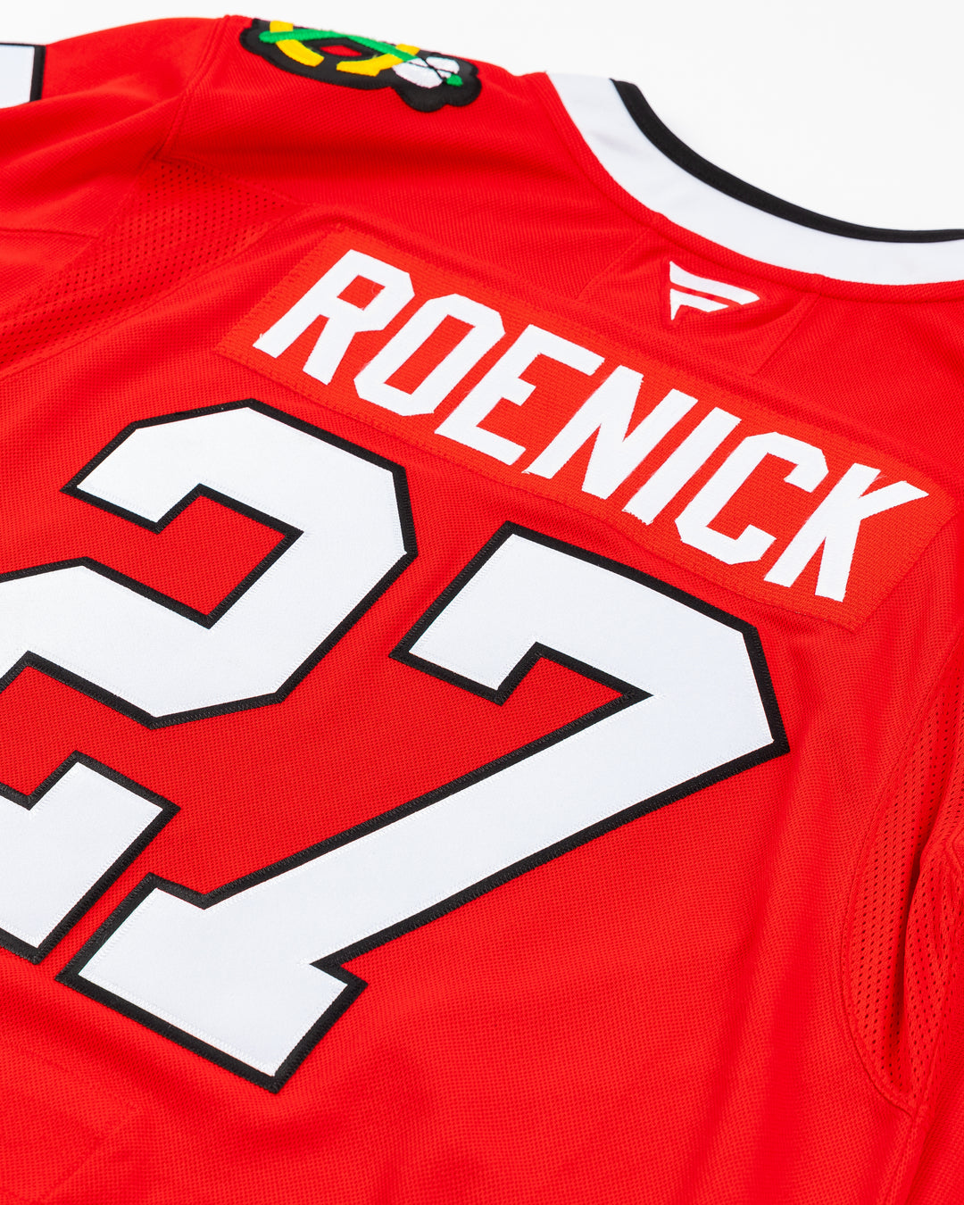 Fanatics red Premium home Chicago Blackhawks jersey with alumni Jeremy Roenick name and number - back detail lay flat