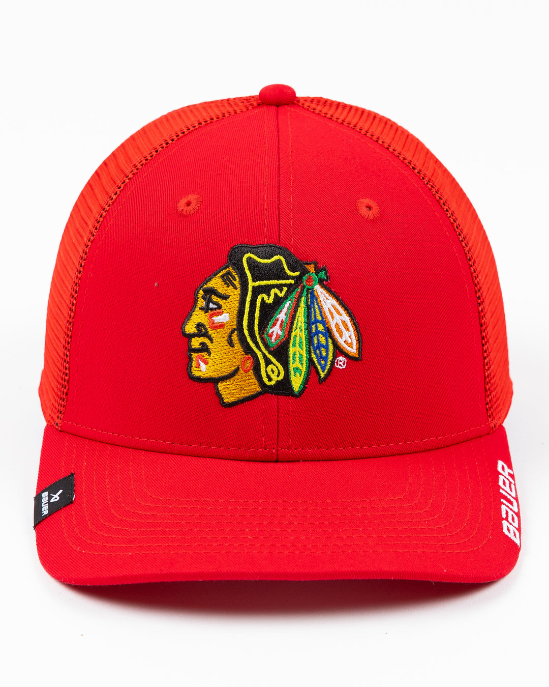 red Bauer adjustable snapback trucker hat with Chicago Blackhawks primary logo embroidered on front - front lay flat