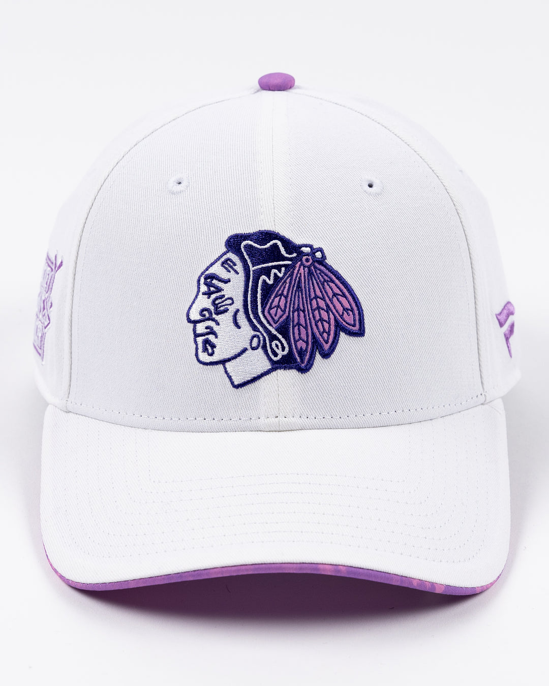 white Fanatics cap with Hockey Fights Cancer colorway and Chicago Blackhawks primary logo on front and American Cancer Society logo on right side - front lay flat