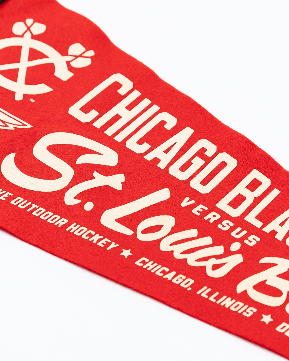 red Oxford pennant with Chicago Blackhawks matchup and Winter Classic logo - front detail lay flat