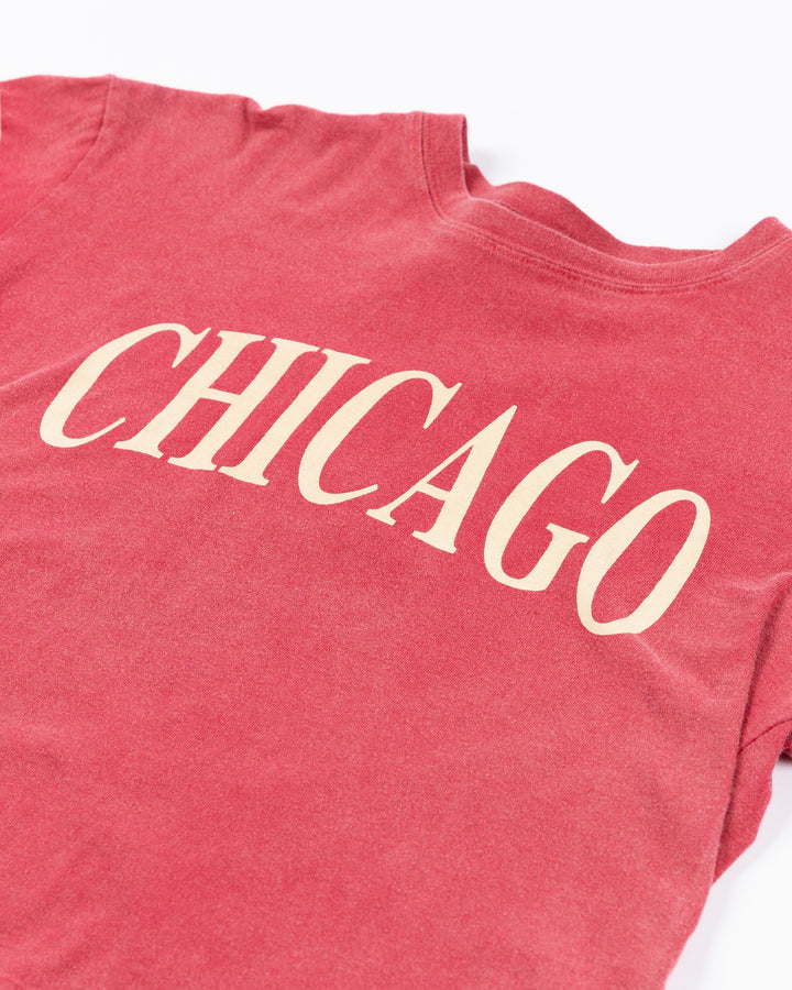 red boxy crop Alice & Wonder tee with Chicago wordmark across front and Chicago Blackhawks primary logo on left sleeve and jersey stripes on right sleeve - front detail lay flat