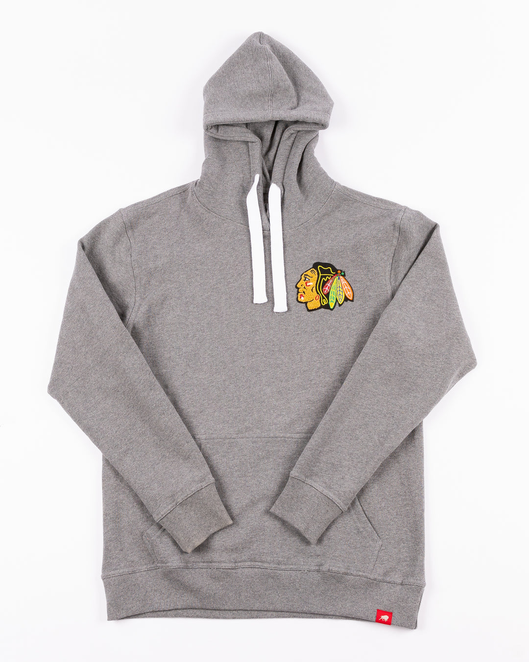 grey Sportiqe hoodie with chenille embroidered Chicago Blackhawks logo on left chest - front lay flat