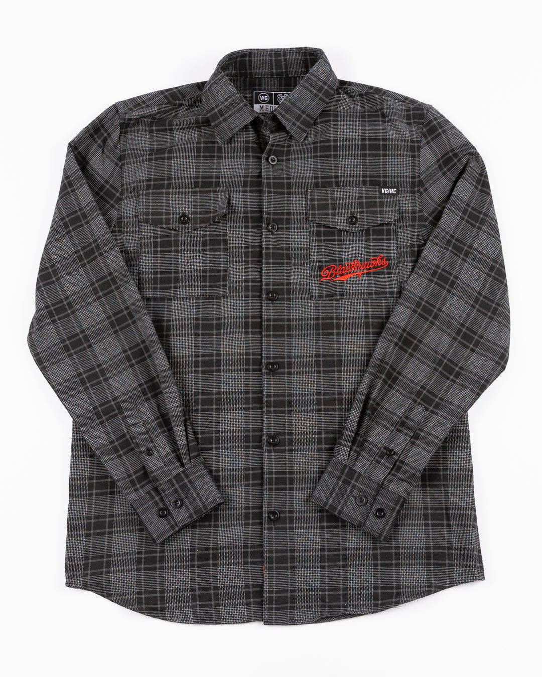 black VGHC flannel shirt with Chicago Blackhawks script embroidered in red on left chest pocket and black and white secondary logo on back yoke - front lay flat