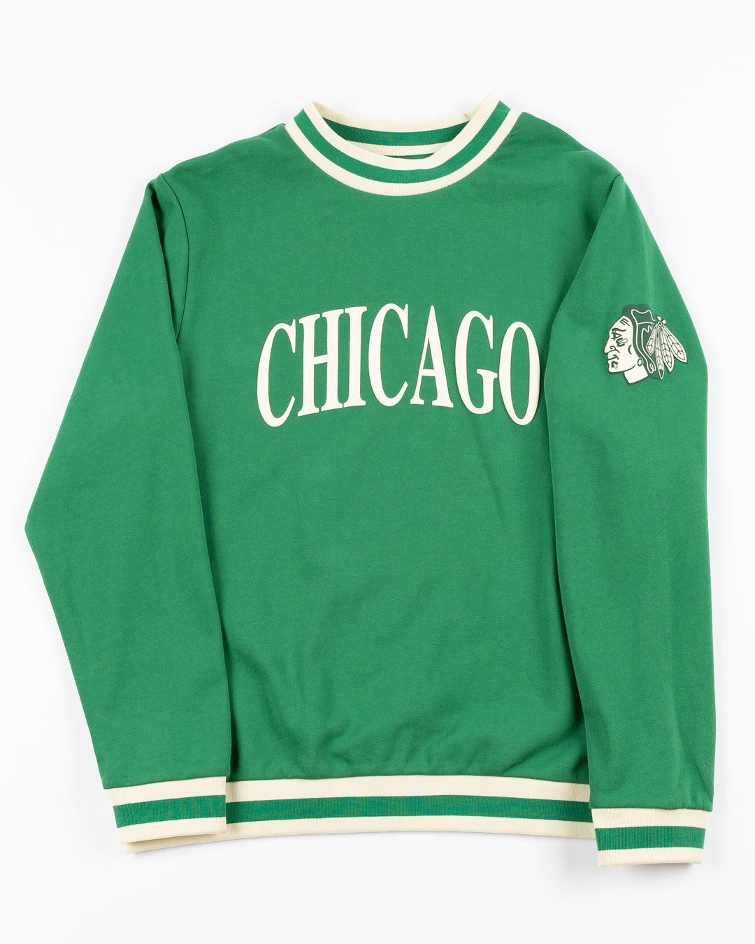 green Alice & Wonder crewneck sweater with Chicago wordmark graphic and tonal Chicago Blackhawks primary logo on left shoulder - front lay flat