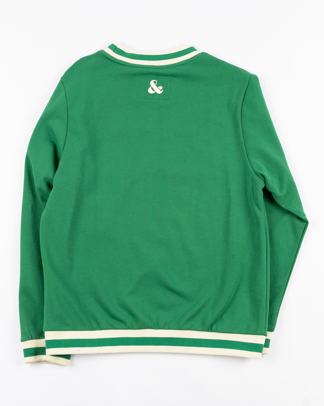 green Alice & Wonder crewneck sweater with Chicago wordmark graphic and tonal Chicago Blackhawks primary logo on left shoulder - back lay flat