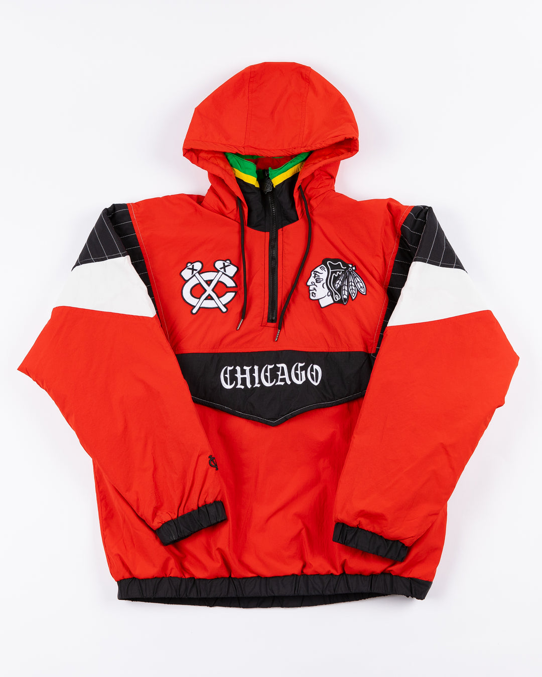 red VGHC anorak half zip pullover hoodie with Chicago Blackhawks primary and secondary logos on front and primary logo graphic on back - front lay flat