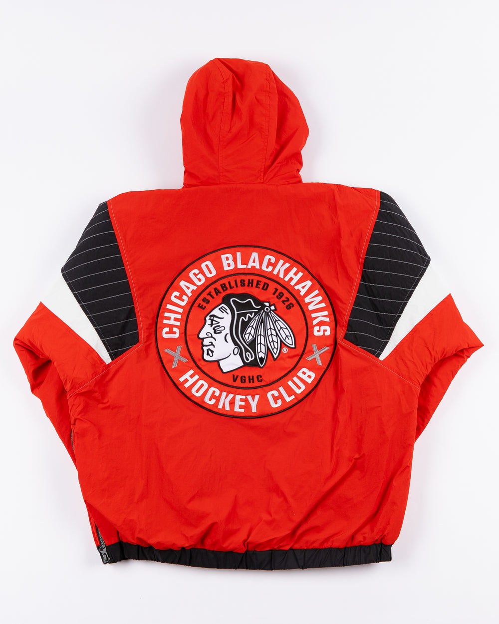 red VGHC anorak half zip pullover hoodie with Chicago Blackhawks primary and secondary logos on front and primary logo graphic on back - back lay flat