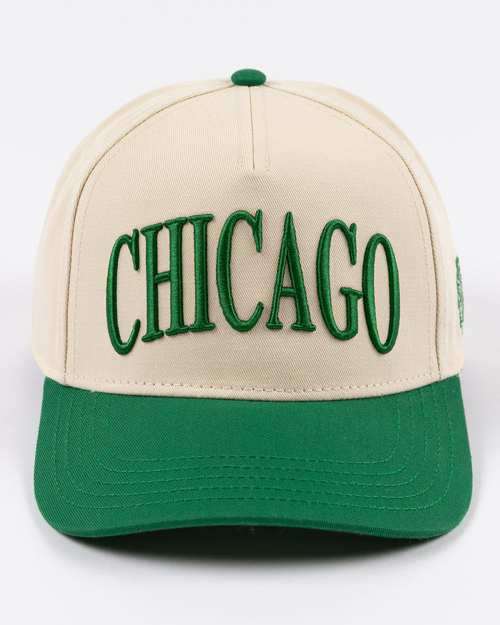 cream and green Alice & Wonder hat with Chicago wordmark on front and Chicago Blackhawks primary logo on left side - front lay flat