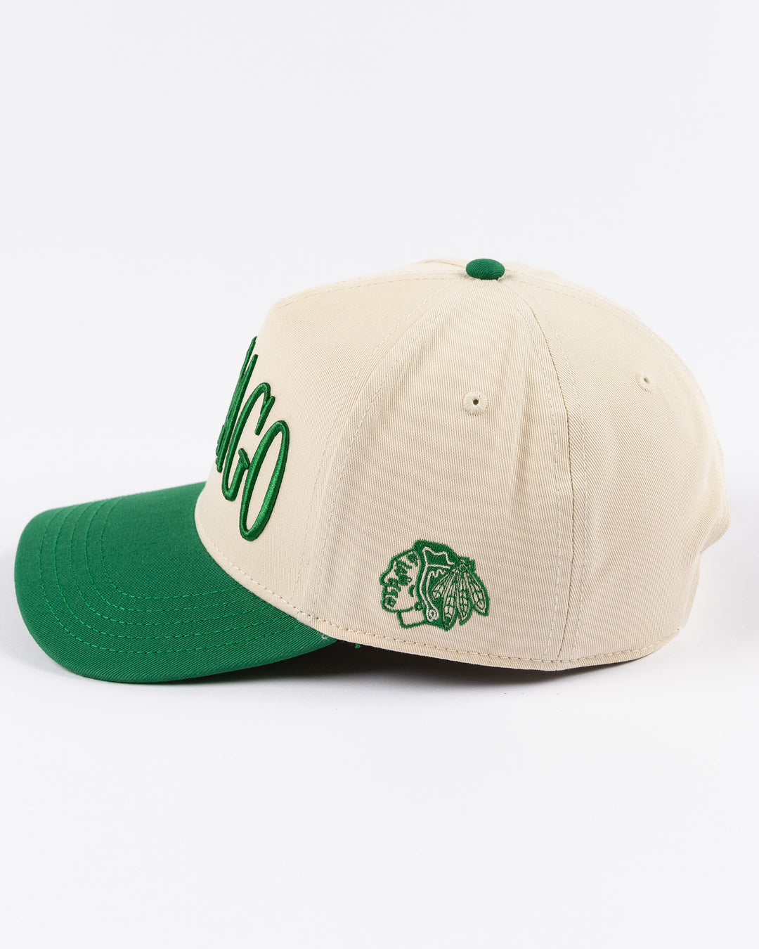 cream and green Alice & Wonder hat with Chicago wordmark on front and Chicago Blackhawks primary logo on left side - left side lay flat