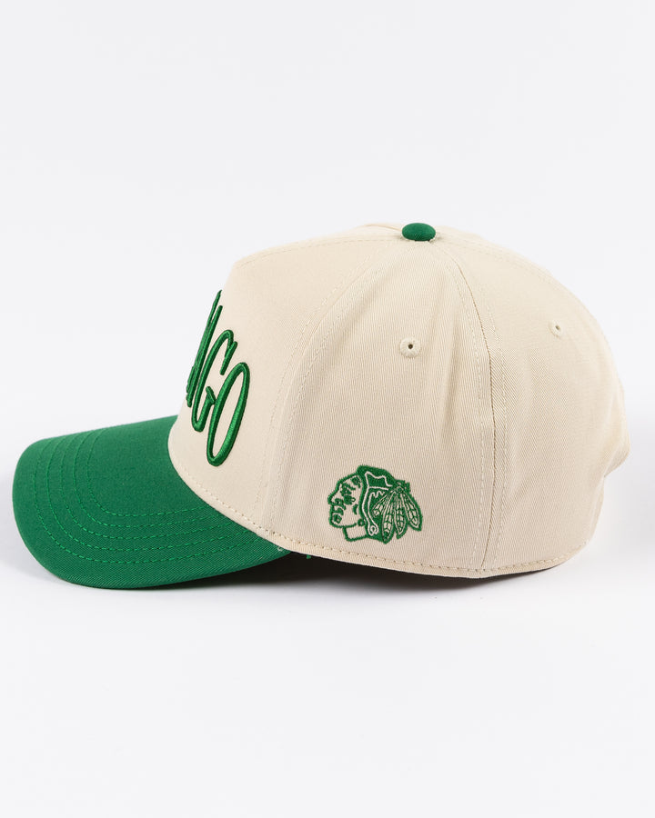 cream and green Alice & Wonder hat with Chicago wordmark on front and Chicago Blackhawks primary logo on left side - left side lay flat