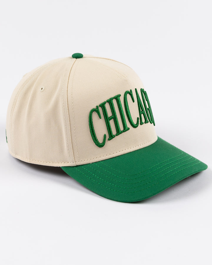 cream and green Alice & Wonder hat with Chicago wordmark on front and Chicago Blackhawks primary logo on left side - right side lay flat