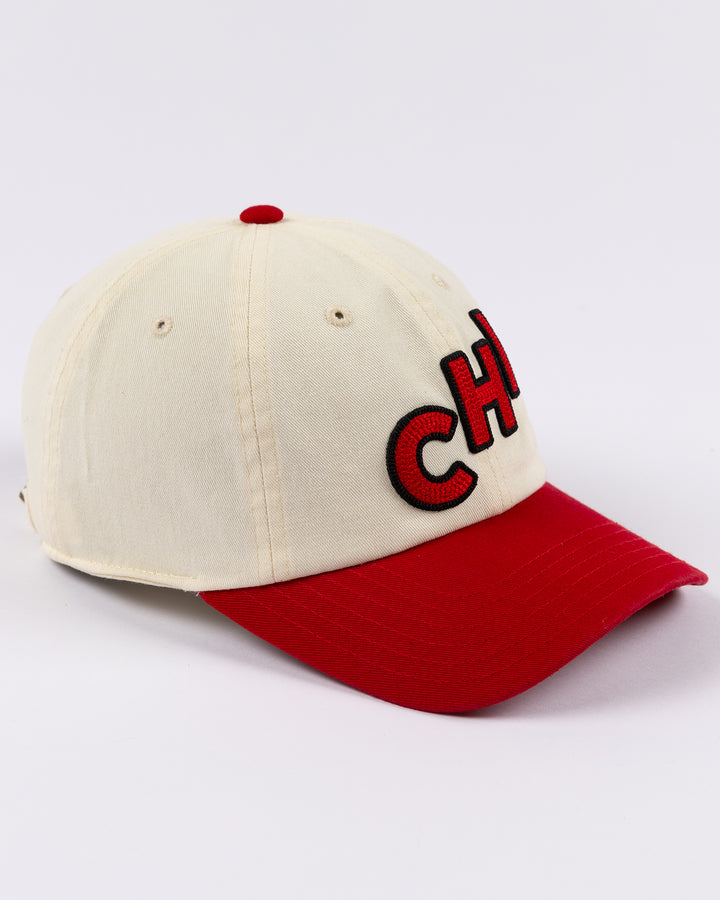 two tone red and white Alice & Wonder baseball hat with embroidered CHI detailing on front and Blackhawks wordmark on back - right side lay flat