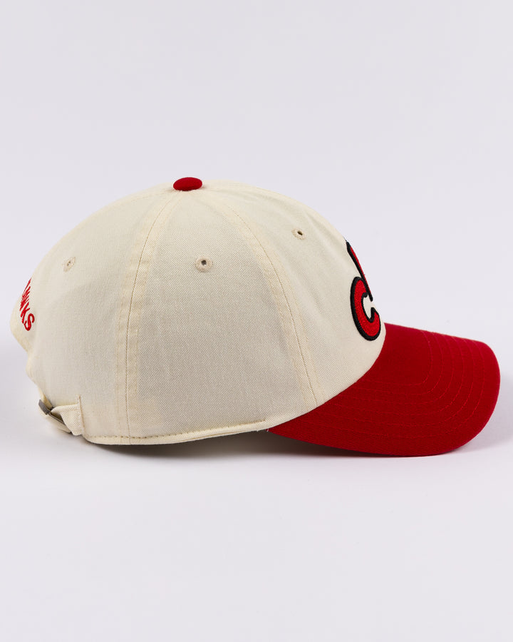 two tone red and white Alice & Wonder baseball hat with embroidered CHI detailing on front and Blackhawks wordmark on back - right side lay flat