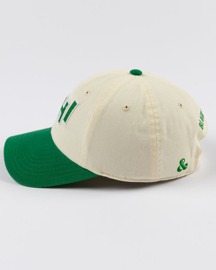 cream and green Alice & Wonder hat with CHI chain stitched on front with Blackhawks wordmark on back - left side lay flat