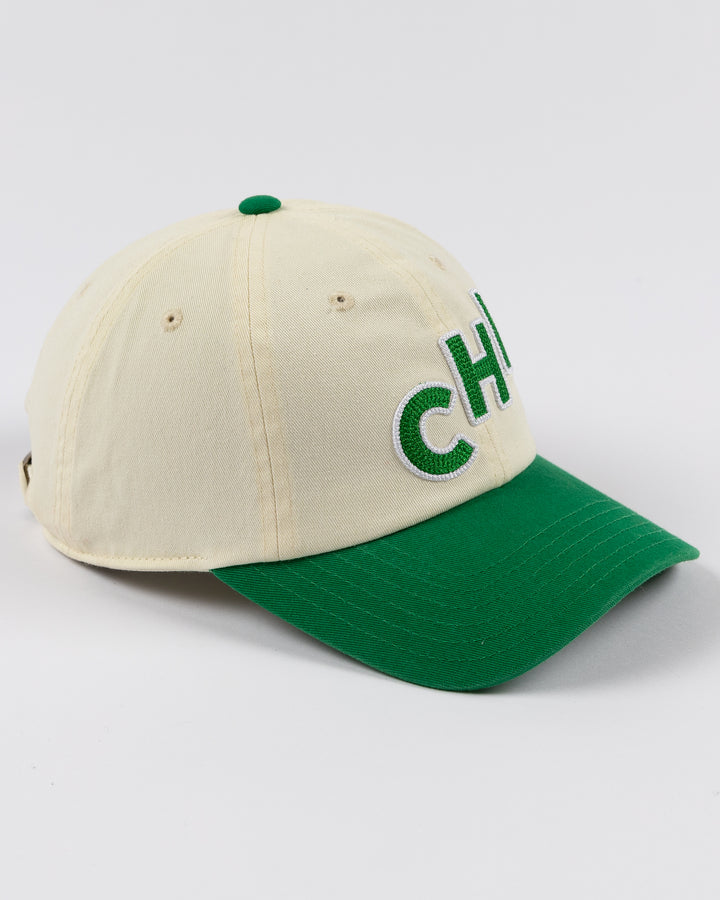 cream and green Alice & Wonder hat with CHI chain stitched on front with Blackhawks wordmark on back - right angle lay flat