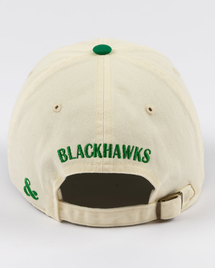 cream and green Alice & Wonder hat with CHI chain stitched on front with Blackhawks wordmark on back - back lay flat