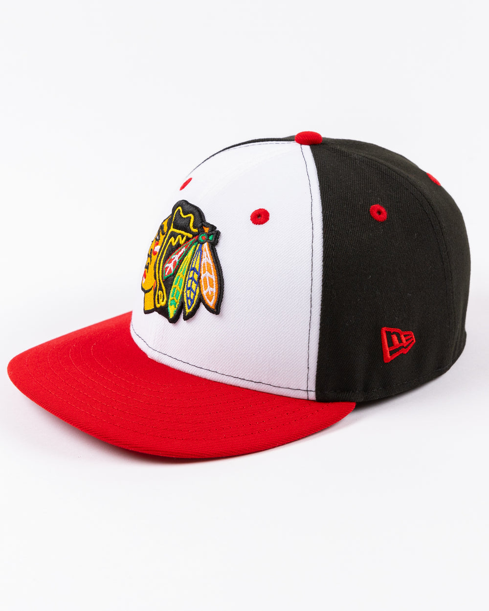 New Era 59FIFTY black white and red fitted hat with embroidered primary logo on front and secondary logo embroidered on right side and Chicago stars on back - left angle lay flat