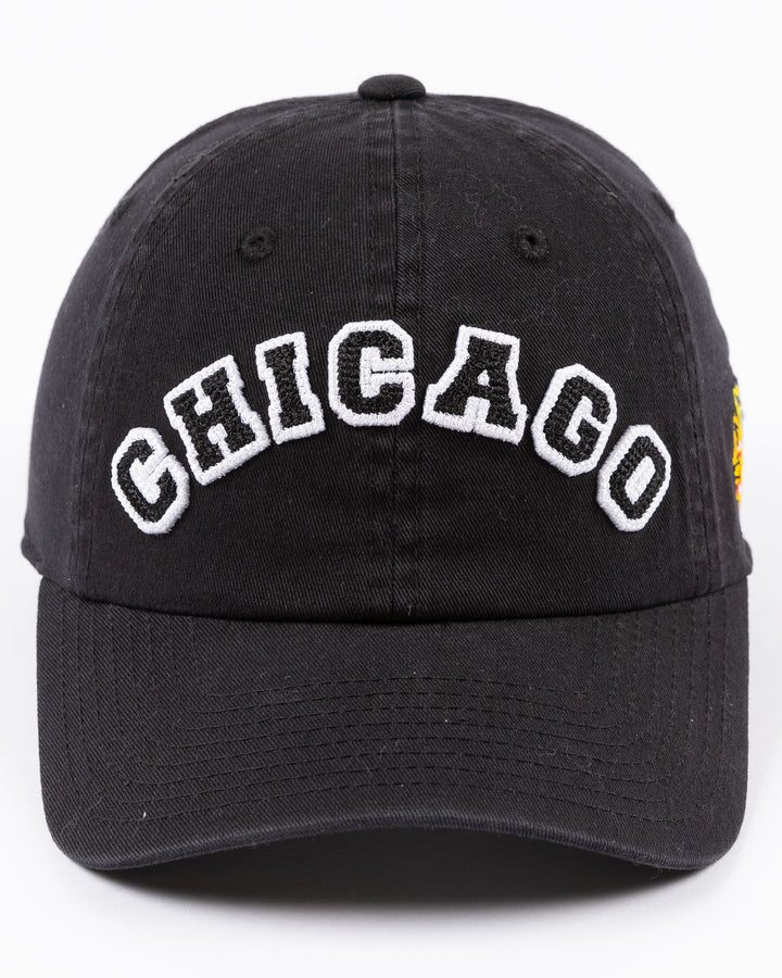 black Alice & Wonder adjustable hat with chainstiched Chicago graphic on front and Chicago Blackhawks primary logo on left side - front lay flat