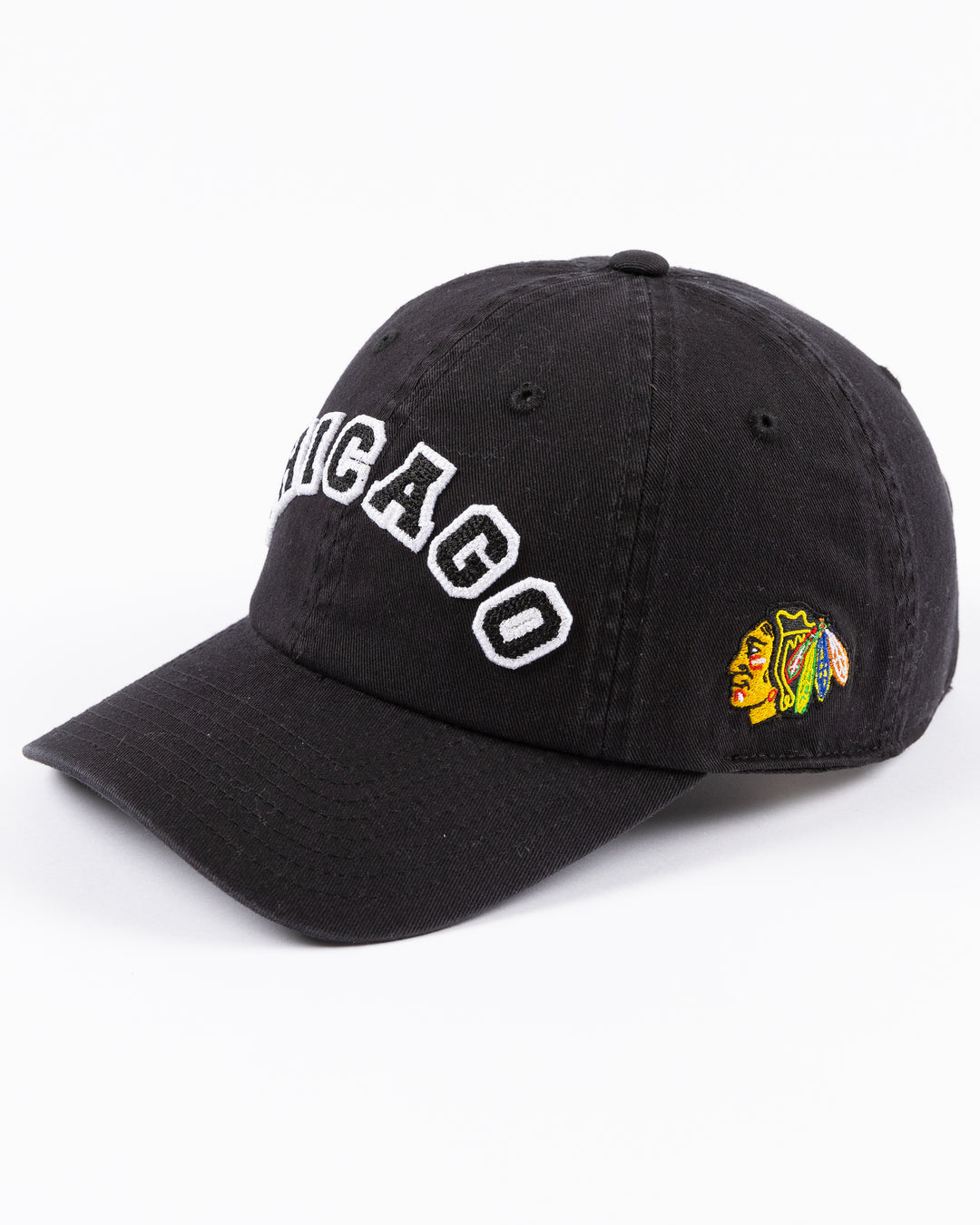 black Alice & Wonder adjustable hat with chainstiched Chicago graphic on front and Chicago Blackhawks primary logo on left side - left angle lay flat