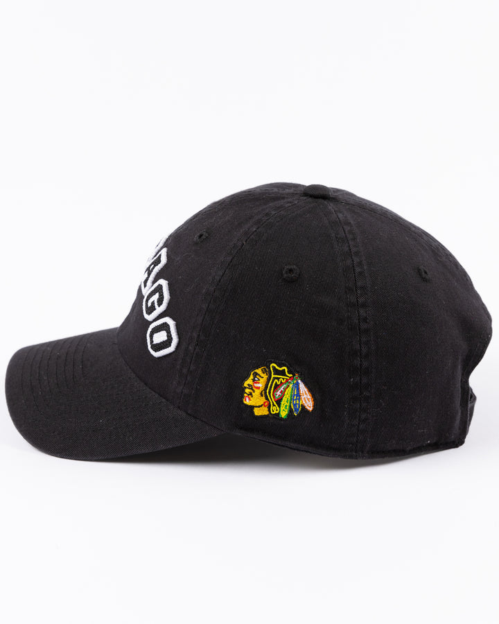 black Alice & Wonder adjustable hat with chainstiched Chicago graphic on front and Chicago Blackhawks primary logo on left side - left side lay flat