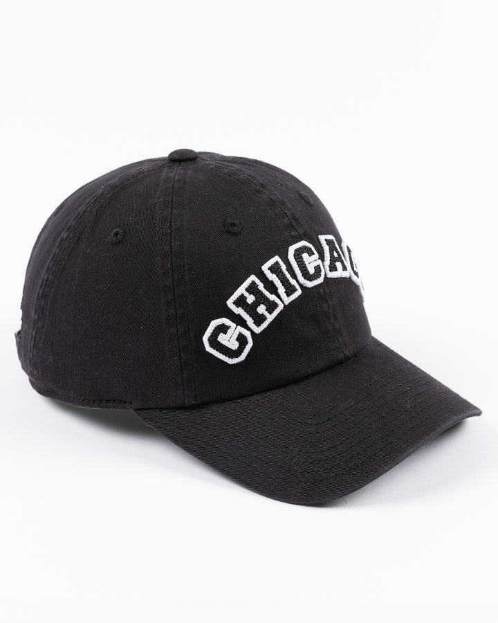 black Alice & Wonder adjustable hat with chainstiched Chicago graphic on front and Chicago Blackhawks primary logo on left side - right angle lay flat