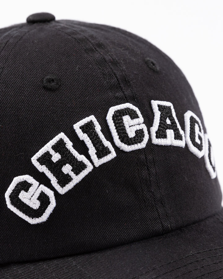 black Alice & Wonder adjustable hat with chainstiched Chicago graphic on front and Chicago Blackhawks primary logo on left side - front detail lay flat