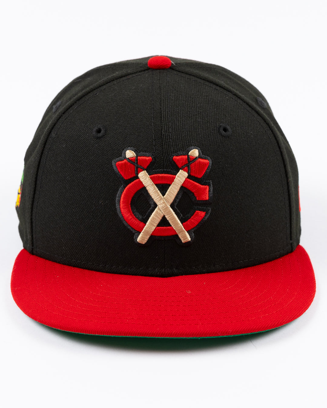 New Era 59FIFTY fitted two tone black and red cap with embroidered secondary logo on front and vintage logo embroidered on right side - front lay flat