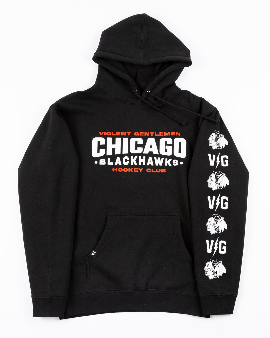 black VGHC hoodie with Chicago Blackhawks wordmark on front and alternating primary logo and VG logo adorning the left sleeve - front lay flat