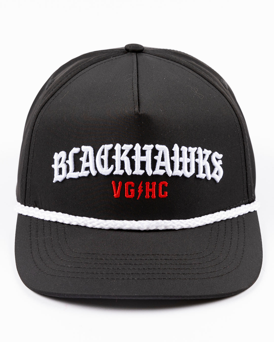 black VGHC rope snapback hat with Chicago Blackhawks wordmark and VGHC wordmark embroidered on front - front lay flat