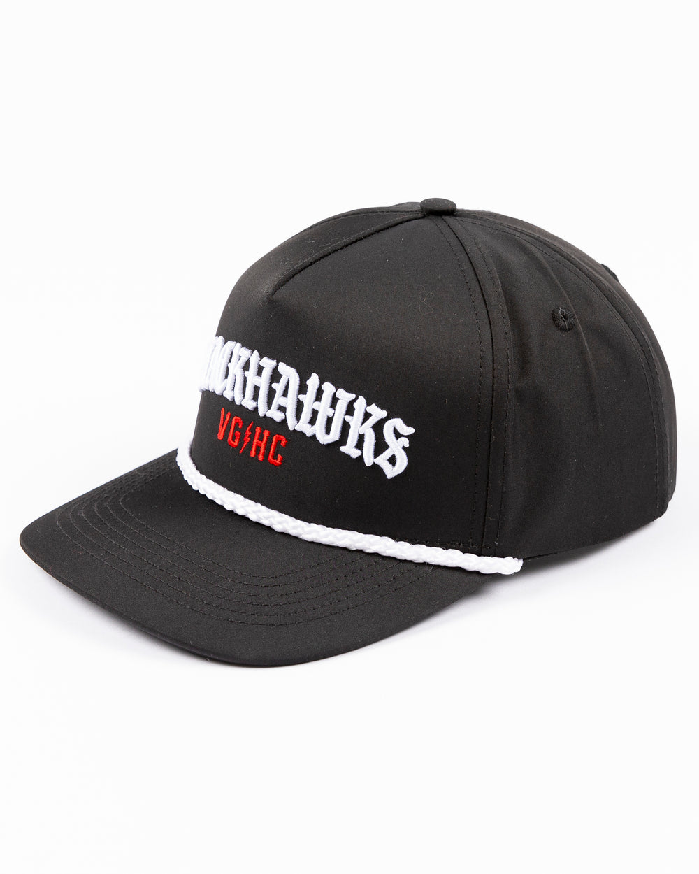 black VGHC rope snapback hat with Chicago Blackhawks wordmark and VGHC wordmark embroidered on front - right angle lay flat