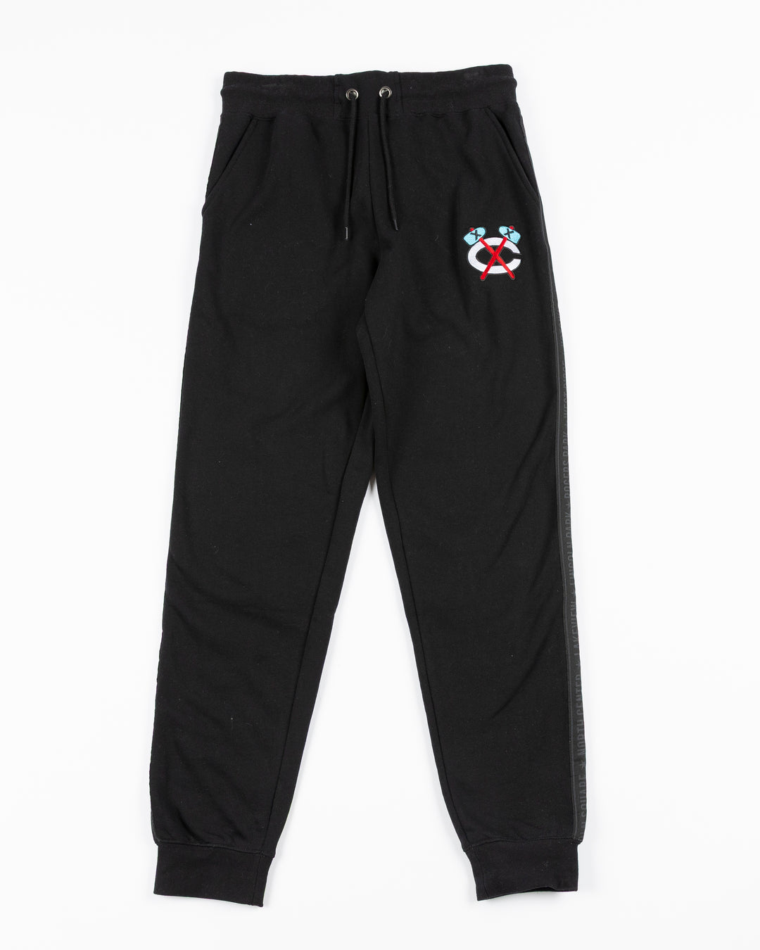 black sweatpants with Chicago Blackhawks secondary logo embroidered in Chicago flag colorway on left thigh and Chicago neighborhood names down sides - front lay flat