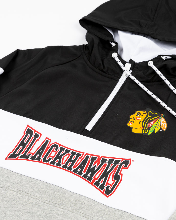 black, white and grey New Era half zip hoodie with Chicago Blackhawks wordmark and primary logo on front - front detail lay flat