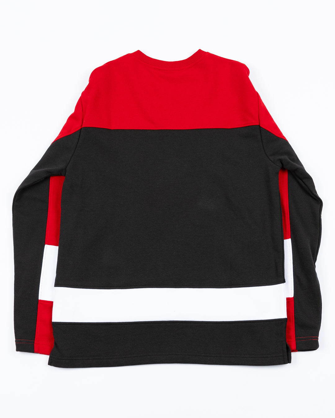 red, black and white long sleeve New Era tee with Blackhawks wordmark above Chicago Blackhawks primary logo on front - back lay flat