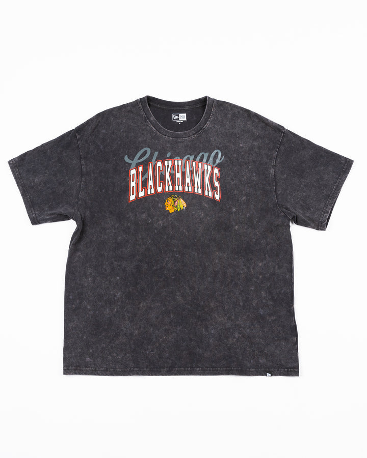 washed black short sleeve New Era ladies tee with scripted Chicago Blackhawks wordmark graphic across front above primary logo - front lay flat