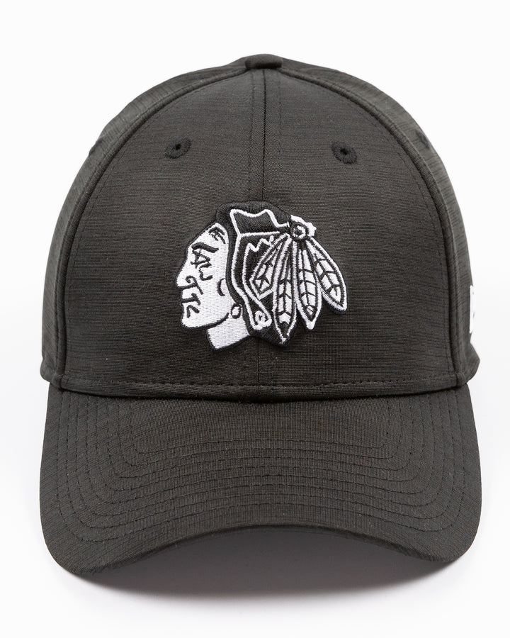 black New Era fitted hat with tonal embroidered Chicago Blackhawks primary logo on front - front lay flat